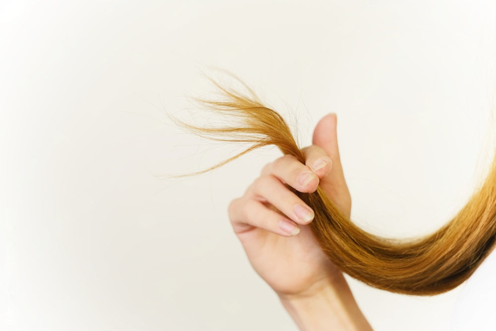 Model with blonde hair holding split ends on a beige background.