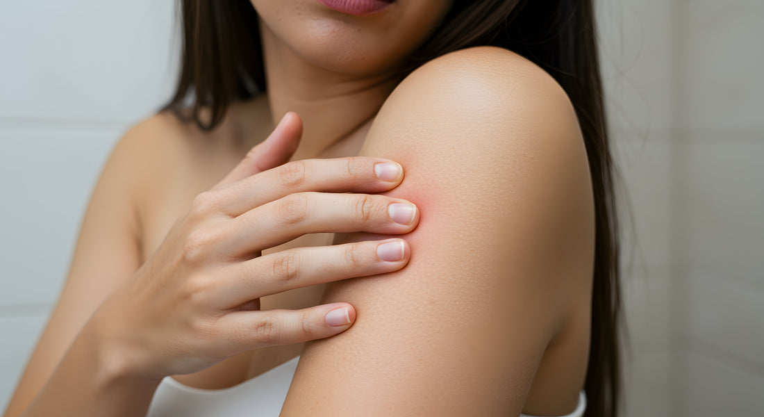 Woman touching irritated skin.