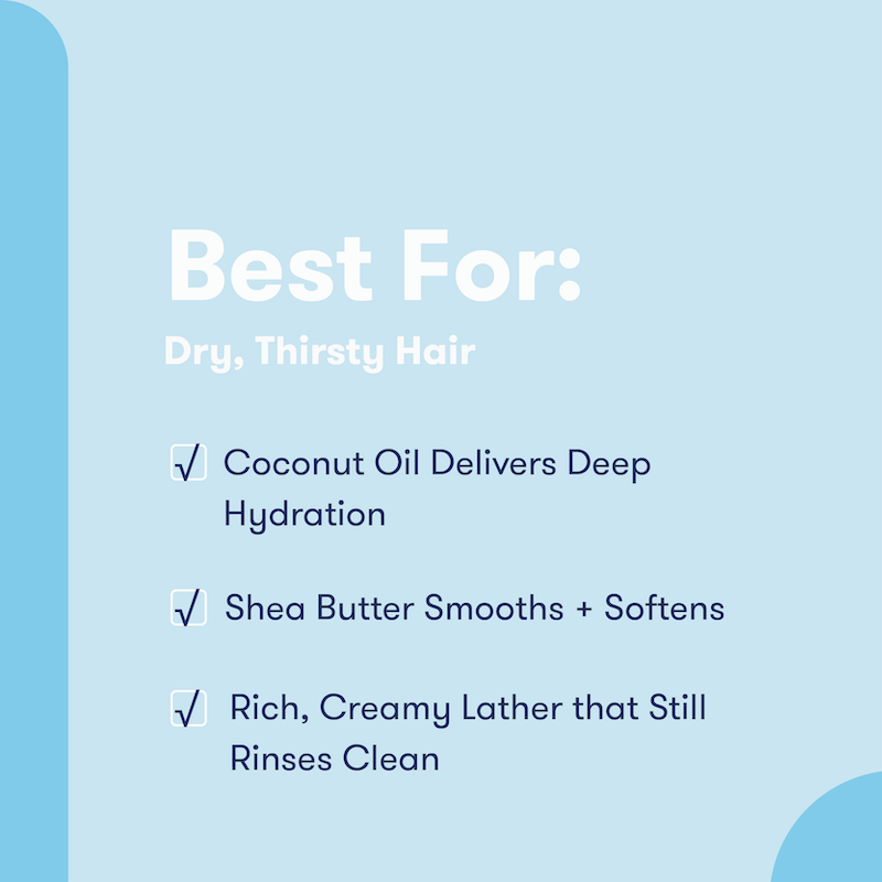 Text detailing the benefits of moisturize formula shampoo and conditioner bars: Best for dry, thirsty hair. Coconut oil delivers deep hydration. Shea butter smooths + softens. Rich, creamy lather that still rinses clean. 