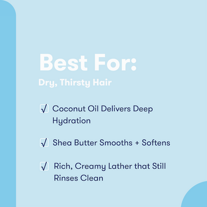 Text detailing the benefits of moisturize formula shampoo and conditioner bars: Best for dry, thirsty hair. Coconut oil delivers deep hydration. Shea butter smooths + softens. Rich, creamy lather that still rinses clean. 