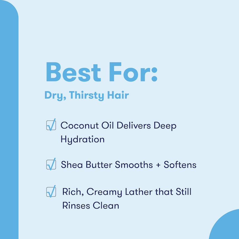 Text detailing benefits for dry, thirsty hair care: coconut oil delivers deep hydration. Shea butter smooths + softens. Rich, creamy lather that still rinses clean.
