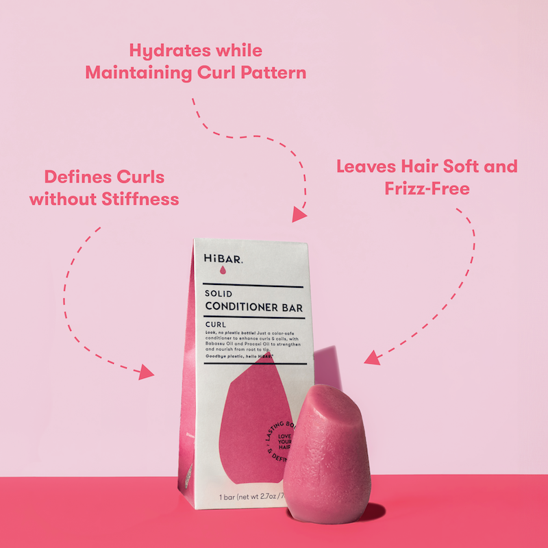 Picture of HiBAR Conditioner Bar with packaging and product attributes listed: Leaves Hair Soft and Frizz-Free. Hydrates while maintaining curl pattern. Defines curls without stiffness.