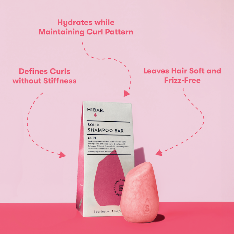Picture of HiBAR Shampoo Bar and Conditioner Bar with packaging and product attributes listed: Leaves Hair Soft and Frizz-Free. Hydrates while maintaining curl pattern. Defines curls without stiffness.