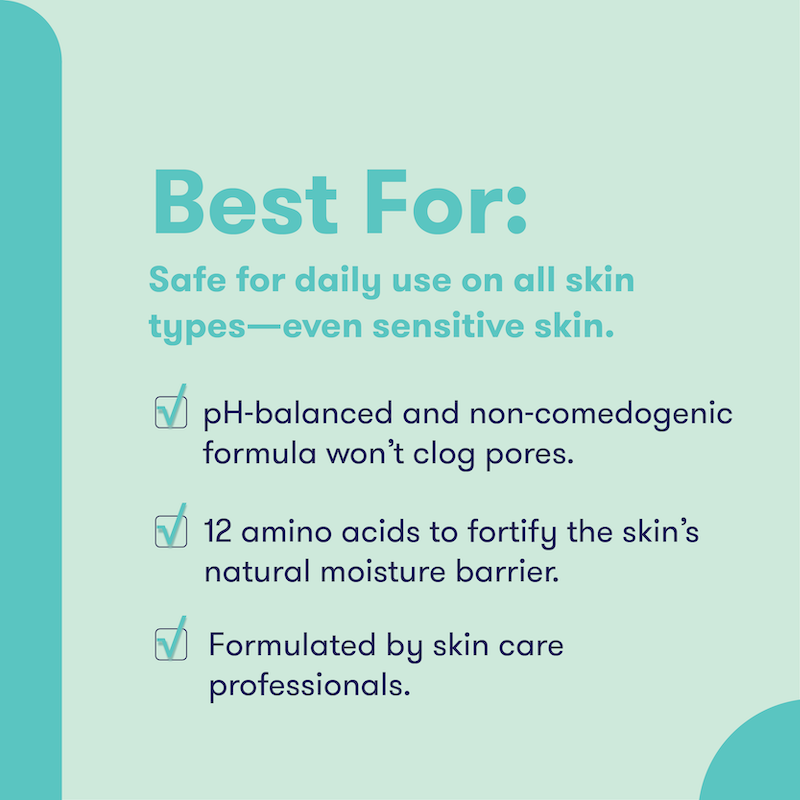 Text detailing the benefits of a skincare product on a light blue background. Best for: safe for daily use on all skin types, even sensitive skin. pH-balanced and non-comedogenic formula won't clog pores. 12 amino acids to fortify the skin's natural moisture barrier. Formulated by skin care professionals.