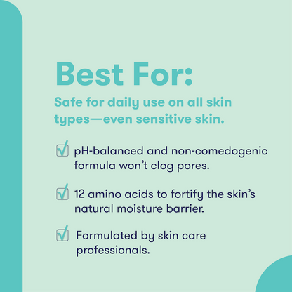Text detailing the benefits of a skincare product on a light blue background. Best for: safe for daily use on all skin types, even sensitive skin. pH-balanced and non-comedogenic formula won't clog pores. 12 amino acids to fortify the skin's natural moisture barrier. Formulated by skin care professionals.