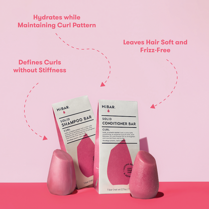 Picture of HiBAR Shampoo Bar and Conditioner Bar with packaging and product attributes listed: Leaves Hair Soft and Frizz-Free. Hydrates while maintaining curl pattern. Defines curls without stiffness.