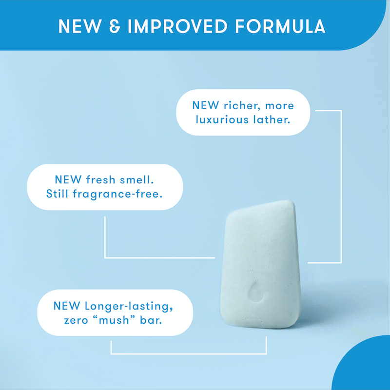 Face wash bar  on a colored background with text about new and improved formula. Richer, more luxurious lather. Fresh smell, still fragrance-free. Longer lasting, zero mush bar.