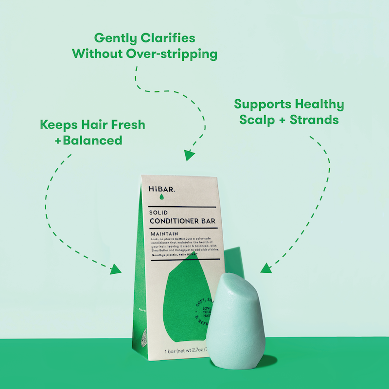 Photo of conditioner bar in front of packaging with product highlights: Gently clarifies without over-stripping. Supports healthy scalp + strands. Keeps hair fresh + balanced.