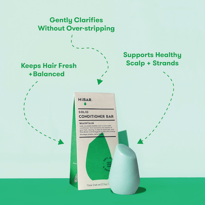 Photo of conditioner bar in front of packaging with product highlights: Gently clarifies without over-stripping. Supports healthy scalp + strands. Keeps hair fresh + balanced.