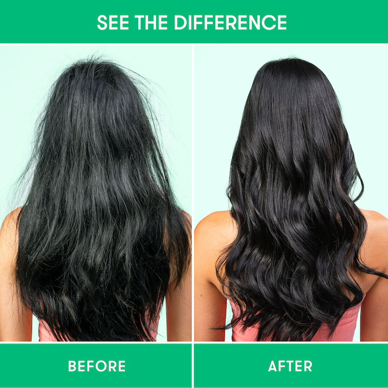 Before and after comparison showing hair before and after using HiBAR shampoo and conditioner bars.