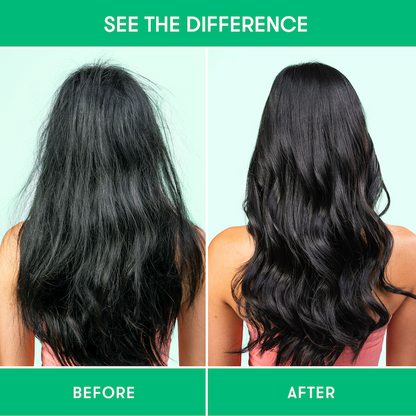Before and after comparison showing hair before and after using HiBAR shampoo and conditioner bars.