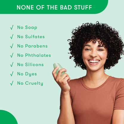Model holding HiBAR conditioner bar in her hand with a list of bad things that are not in HiBAR. No soap. No sulfates. No parabens. No phthalates. No silicons. No dyes. No cruelty.
