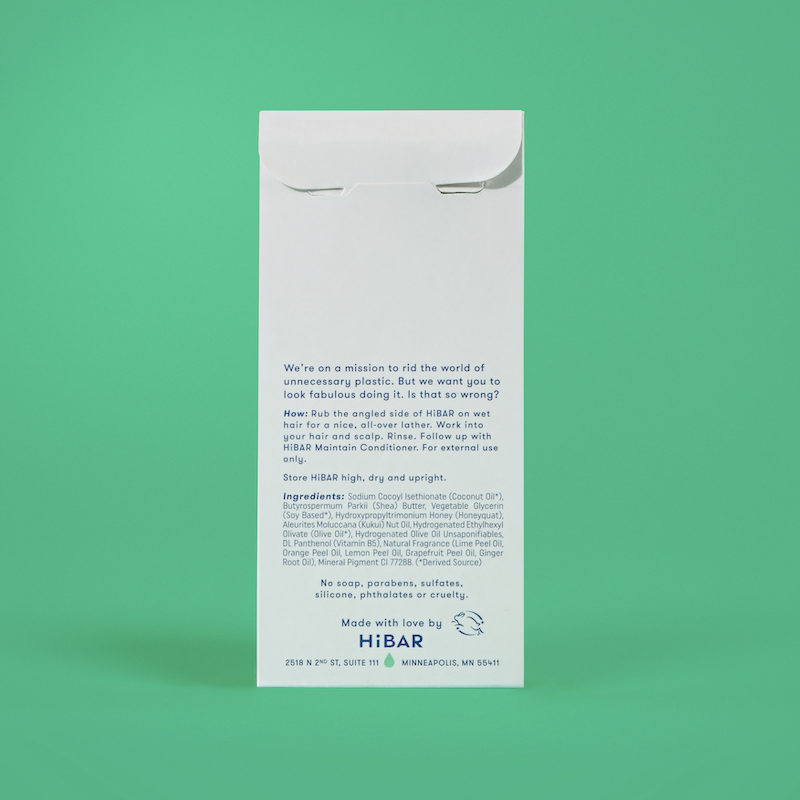 Photo of the back of the packaging of the shampoo bar.