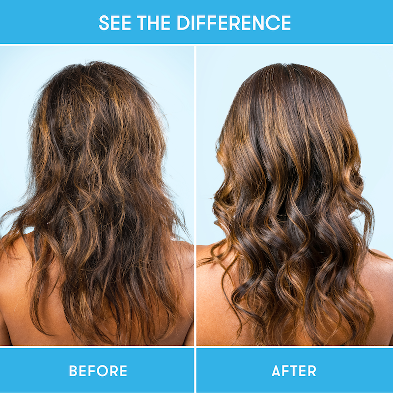 Before and after comparison showing hair before and after using HiBAR shampoo and conditioner bars.