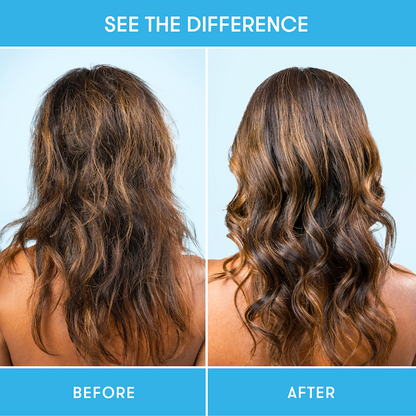 Before and after comparison showing hair before and after using HiBAR shampoo and conditioner bars.