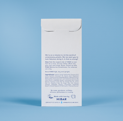 Photo of the back of the packaging of the shampoo bar.