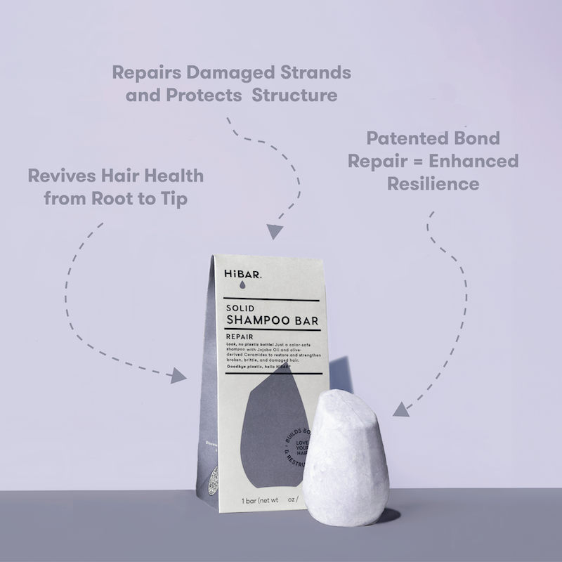 HIBAR solid shampoo bars on a light purple background with text about hair care benefits. Repairs Damaged Strands and Protects Structure. Revives Hair Health from Root to Tip. Patented Bond Repair = Enhanced Resilience.