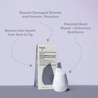 HIBAR solid shampoo bars on a light purple background with text about hair care benefits. Repairs Damaged Strands and Protects Structure. Revives Hair Health from Root to Tip. Patented Bond Repair = Enhanced Resilience.