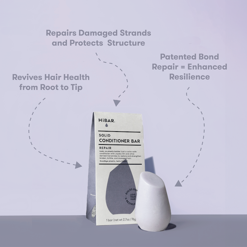 HIBAR solid conditioner bars on a light purple background with text about hair care benefits. Repairs Damaged Strands and Protects Structure. Revives Hair Health from Root to Tip. Patented Bond Repair = Enhanced Resilience.