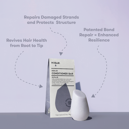 HIBAR solid conditioner bars on a light purple background with text about hair care benefits. Repairs Damaged Strands and Protects Structure. Revives Hair Health from Root to Tip. Patented Bond Repair = Enhanced Resilience.