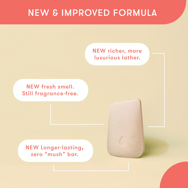 Face wash bar  on a colored background with text about new and improved formula. Richer, more luxurious lather. Fresh smell, still fragrance-free. Longer lasting, zero mush bar.