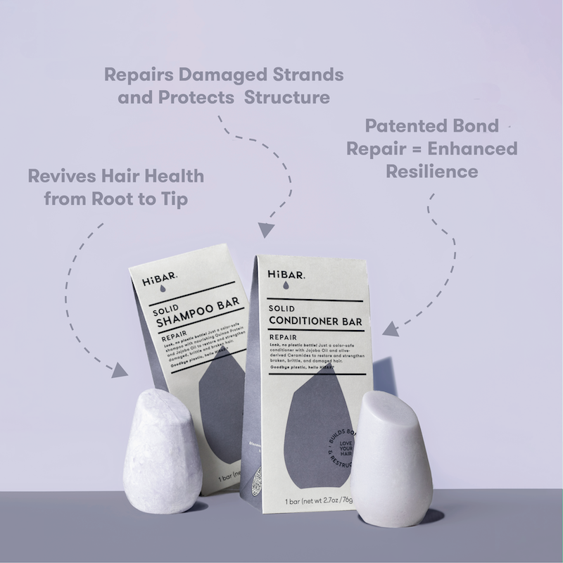 HIBAR solid shampoo and conditioner bars on a light purple background with text about hair care benefits. Repairs Damaged Strands and Protects Structure. Revives Hair Health from Root to Tip. Patented Bond Repair = Enhanced Resilience.