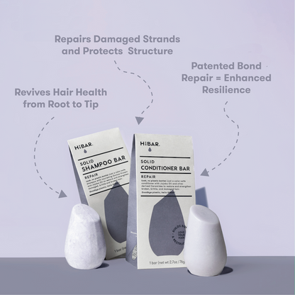 HIBAR solid shampoo and conditioner bars on a light purple background with text about hair care benefits. Repairs Damaged Strands and Protects Structure. Revives Hair Health from Root to Tip. Patented Bond Repair = Enhanced Resilience.