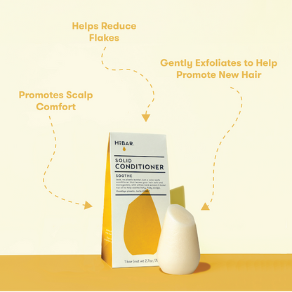 HIBAR solid conditioner bars with packaging on a yellow background with product callouts: Helps reduce flakes. Promotes scalp comfort. Gently exfoliates to help promote new hair.