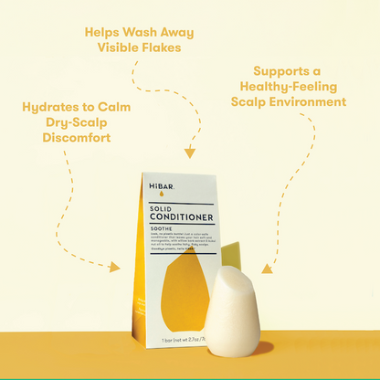 Photo of HiBAR Conditioner Bar and packaging with three bullet points: Hydrates to calm dry-scalp discomfort; helps wash away visible flakes; supports a healthy-feeling scalp environment.