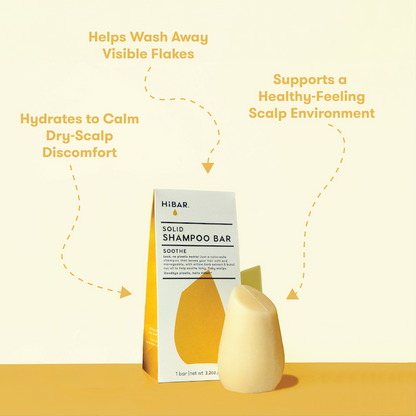 Photo of HiBAR Shampoo Bar and packaging with three bullet points: Hydrates to calm dry-scalp discomfort; helps wash away visible flakes; supports a healthy-feeling scalp environment.