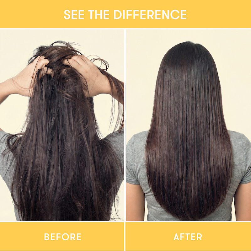 Before and after comparison showing hair before and after using HiBAR shampoo and conditioner bars.