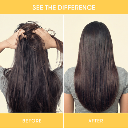 Before and after comparison showing hair before and after using HiBAR conditioner bars.