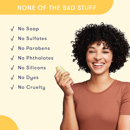 Woman holding HiBAR Conditioner Bar in her hand with a list of bad ingredients that are not in HiBAR Shampoo and Conditioner Bars. No soap. No sulfates. No parabens. No phthalates. No silicons. No dyes. No cruelty. 