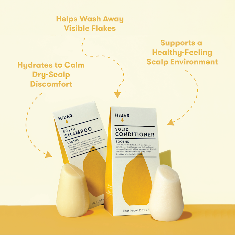 Photo of HiBAR Shampoo Bar and and Conditioner Bar set and packaging with three bullet points: Hydrates to calm dry-scalp discomfort; helps wash away visible flakes; supports a healthy-feeling scalp environment.